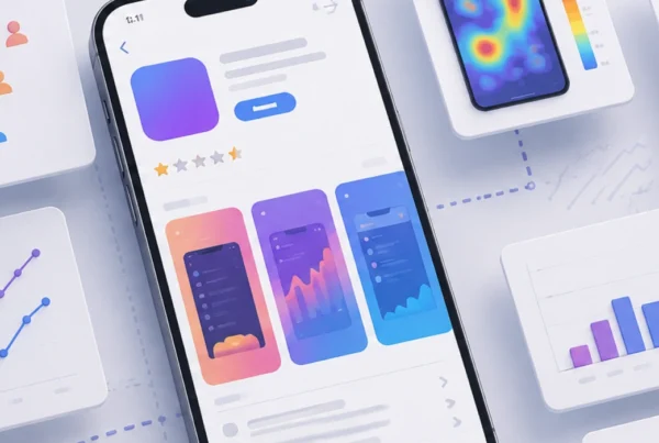 App Store Optimizasyonu Sürecini Temsil Eden 3D Görselde; Uygulama Mağazası Ekranı, Kullanıcı Davranış Analizleri, Dönüşüm Grafikleri, Retention Verileri Ve Aso Performans Panelleri Modern Bir Arayüz Üzerinde Gösteriliyor