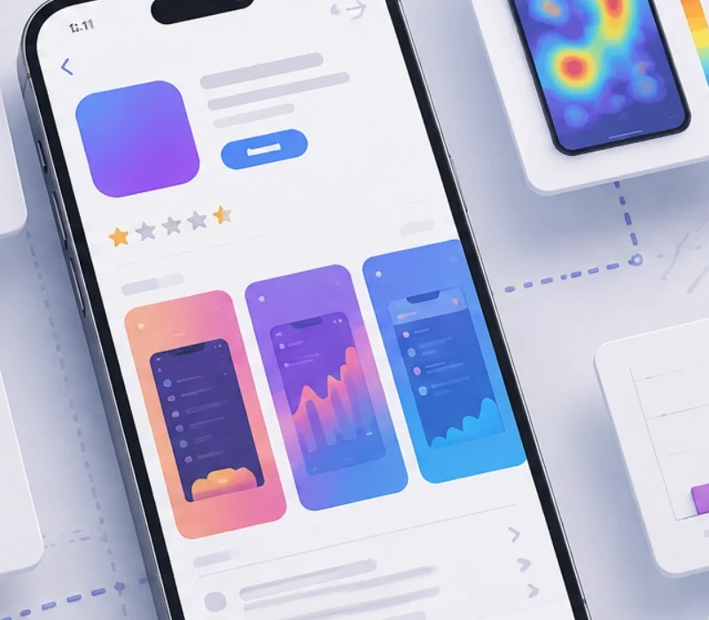 App Store Optimizasyonu Sürecini Temsil Eden 3D Görselde; Uygulama Mağazası Ekranı, Kullanıcı Davranış Analizleri, Dönüşüm Grafikleri, Retention Verileri Ve Aso Performans Panelleri Modern Bir Arayüz Üzerinde Gösteriliyor