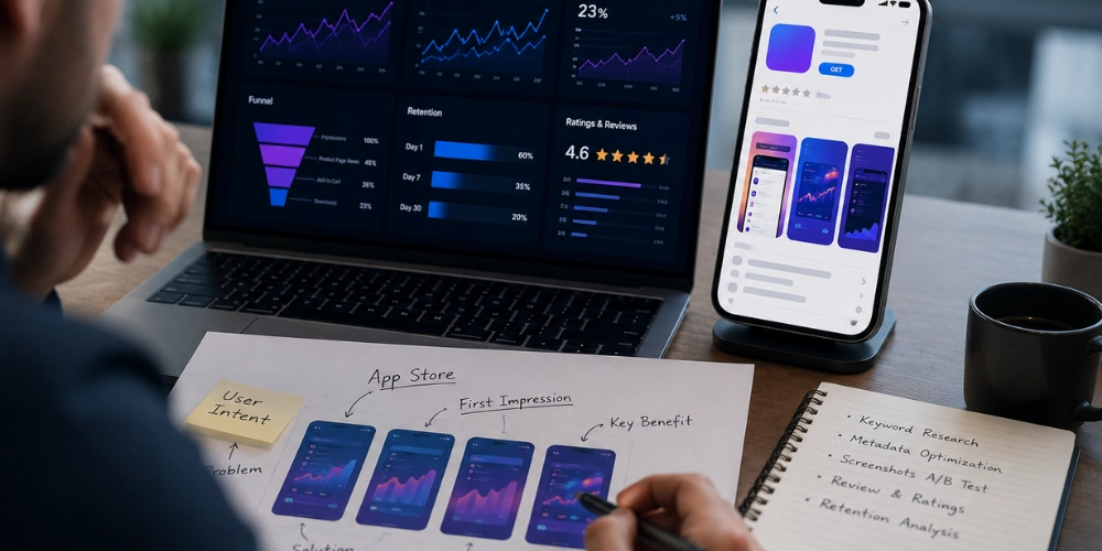 App Store Optimizasyonu Analizi Yapan Bir Uzmanın &Ccedil;alışma Masasındaki Diz&uuml;st&uuml; Bilgisayar, Uygulama Mağazası Ekranı, D&ouml;n&uuml;ş&uuml;m Oranı Grafikleri, Retention Verileri Ve Kullanıcı Niyeti Odaklı Aso Planlaması G&ouml;rseli