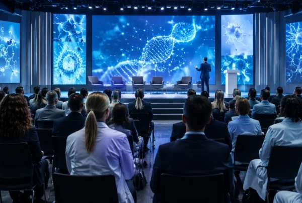 Modern Bir Bilimsel Kongre Salonunda Doktorlar, Akademisyenler Ve Sektör Profesyonellerinin Büyük Dijital Ekranlar Eşliğinde Bilimsel Sunumu Takip Ettiği Futuristik Konferans Ortamı.