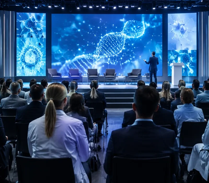 Modern Bir Bilimsel Kongre Salonunda Doktorlar, Akademisyenler Ve Sektör Profesyonellerinin Büyük Dijital Ekranlar Eşliğinde Bilimsel Sunumu Takip Ettiği Futuristik Konferans Ortamı.