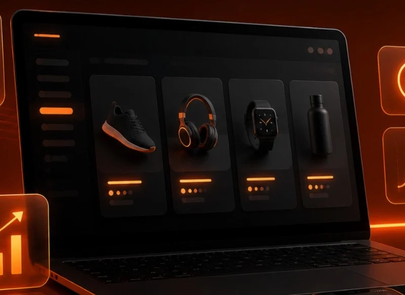 Laptop Ekranında E-Ticaret Ürünleri Ve Turuncu Neon Dijital Pazarlama Grafikleri