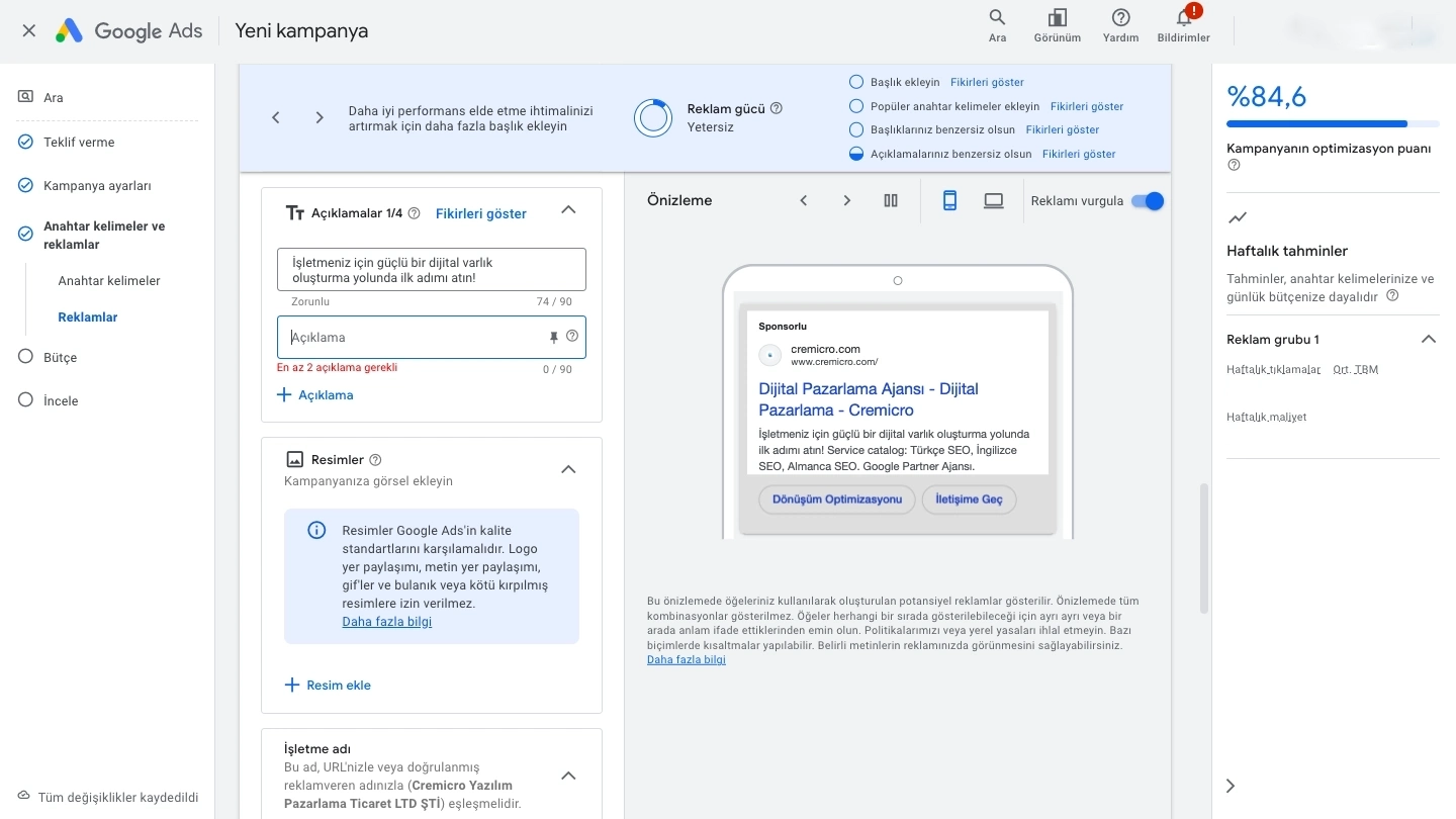 Google Ads A&ccedil;ıklama Metni Ekranı