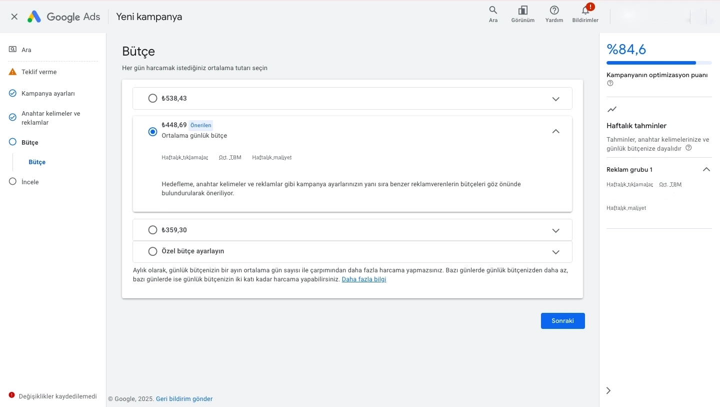 Google Ads B&uuml;t&ccedil;e Ekranı