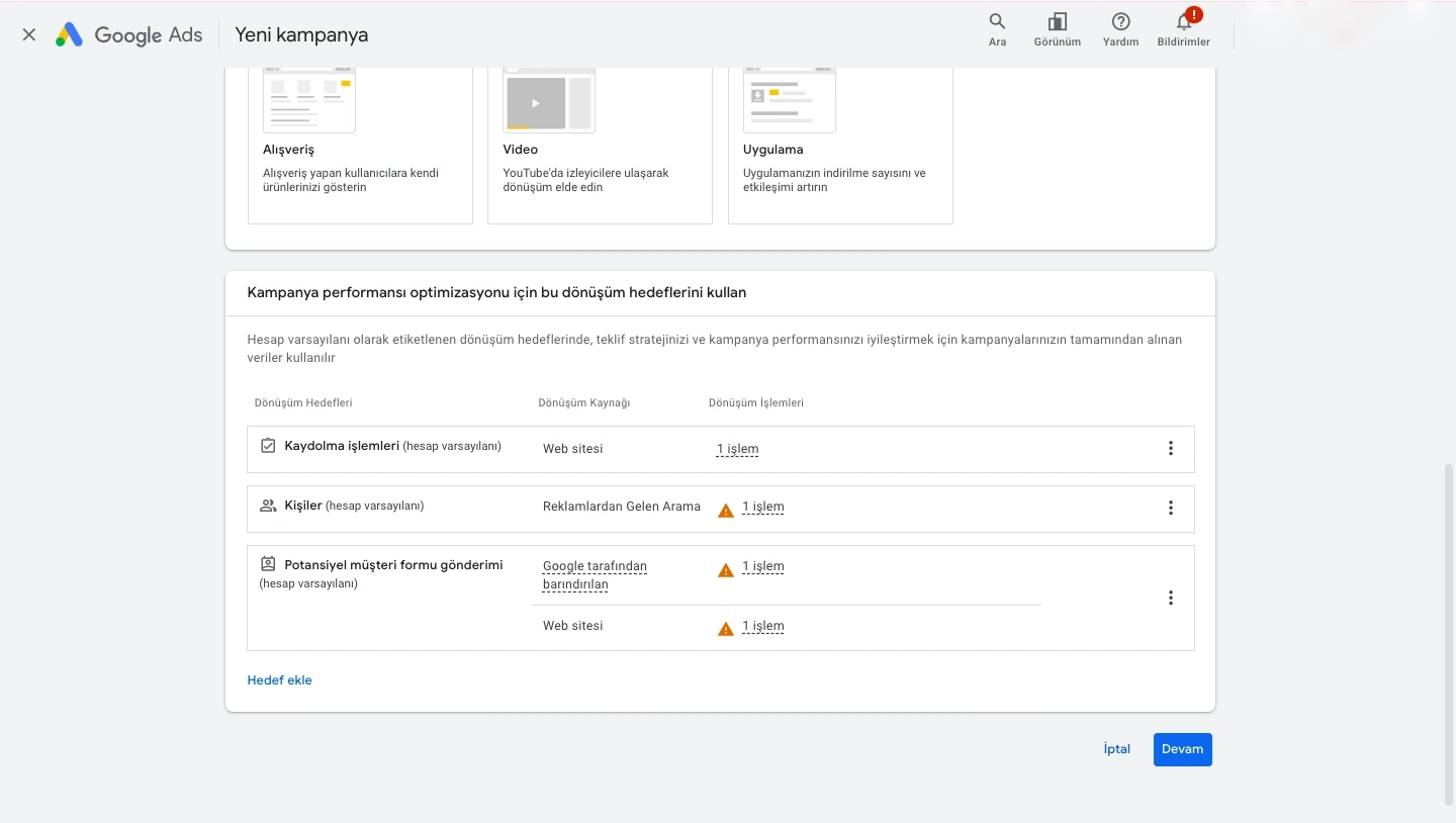 Google Ads D&ouml;n&uuml;ş&uuml;m Hedefleri Ekranı