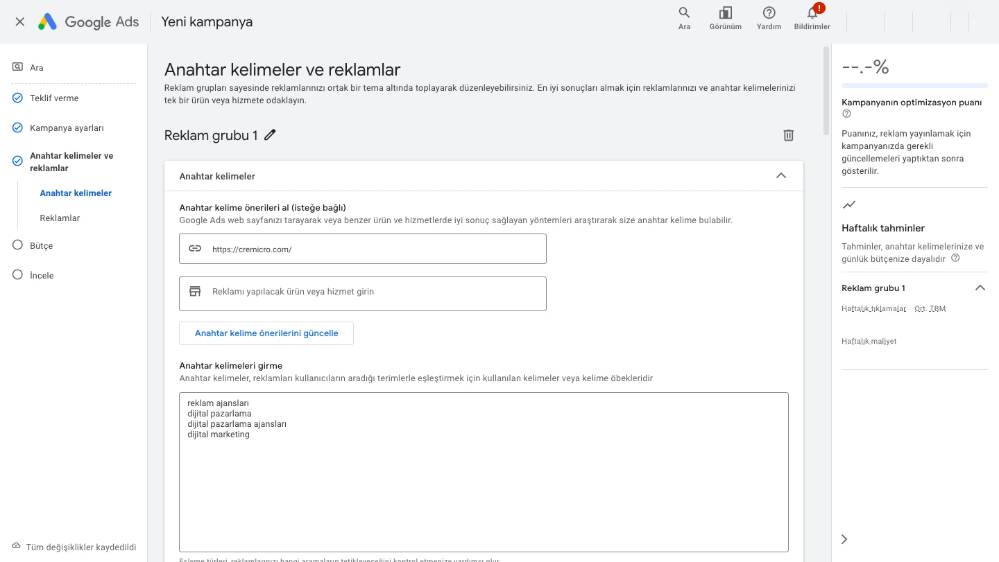 Google Ads Anahtar Kelime Ekranı