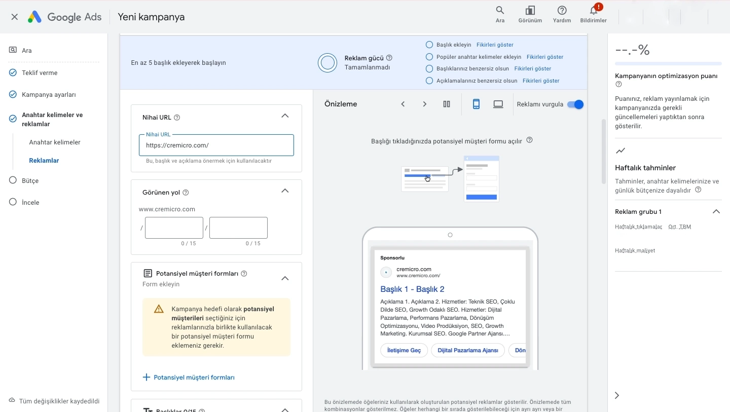 Google Ads Reklam Başlıkları Sayfası