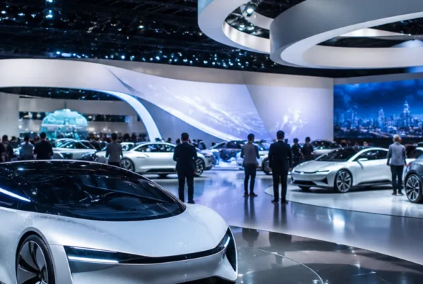 Futuristik Bir Otomotiv Fuarları Salonunda, Parlak Zemin Üzerinde Sergilenen Elektrikli Ve Konsept Araçlar