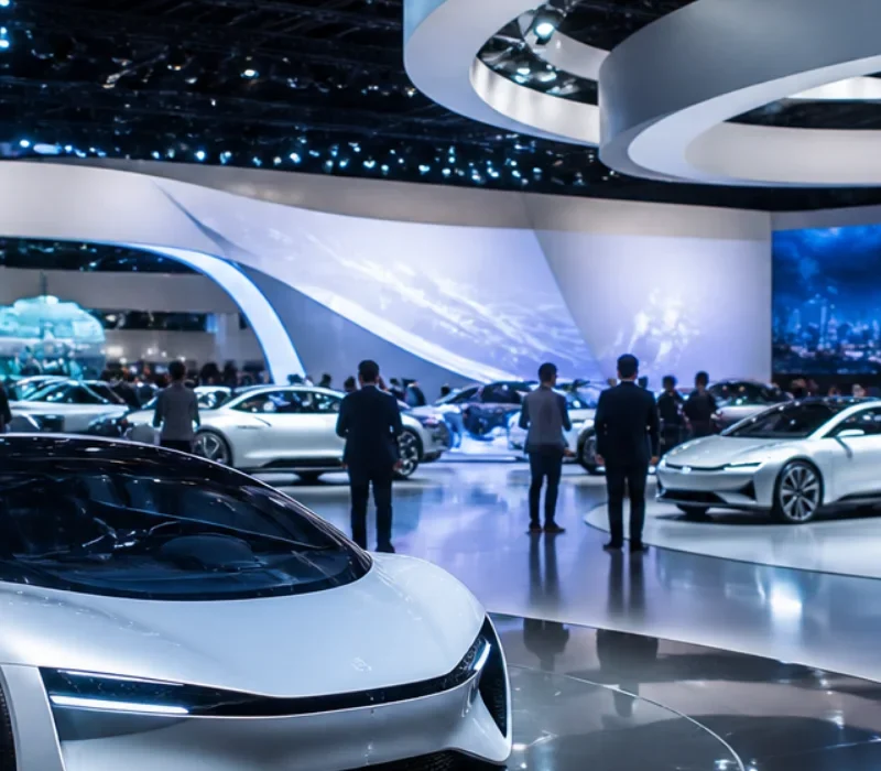 Futuristik Bir Otomotiv Fuarları Salonunda, Parlak Zemin Üzerinde Sergilenen Elektrikli Ve Konsept Araçlar