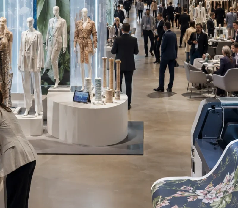Uluslararası Bir Tekstil Fuarlarında Sürdürülebilir Moda Koleksiyonları, Kumaş Sergileri Ve Dijital Tekstil Baskı Teknolojilerinin Sergilendiği Modern Fuar Alanı