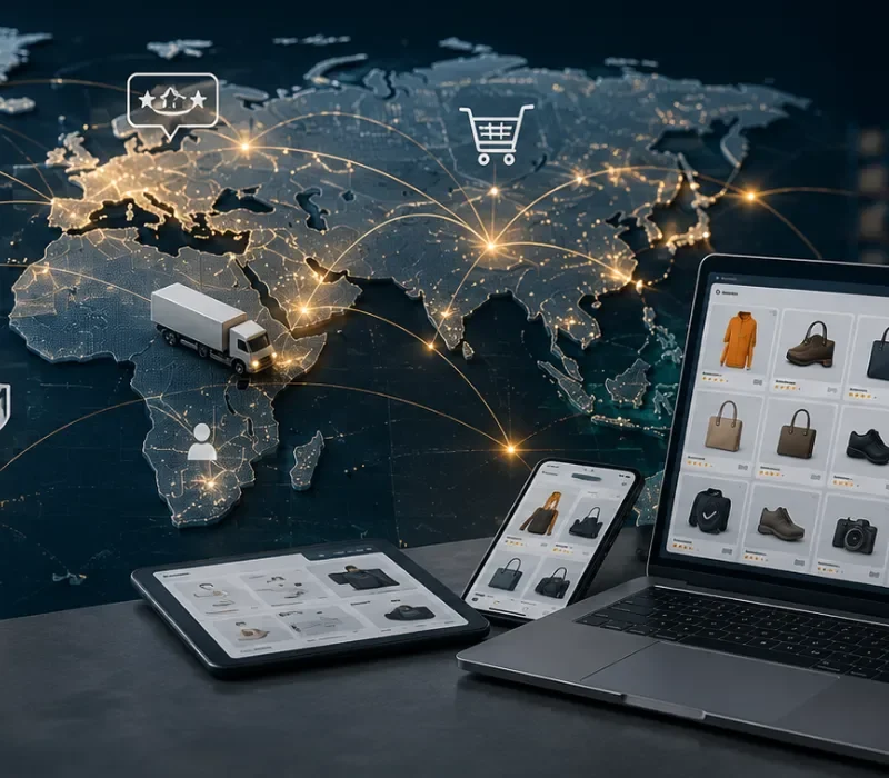 Küresel Yurtdışı Pazaryerlerini Temsil Eden Dijital Dünya Haritası, E-Ticaret Panelleri, Kargo Ağları, Mobil Alışveriş Ekranları Ve Lojistik Entegrasyonlarını Gösteren Futuristik Marketplace Görseli.
