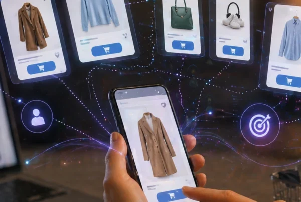 Mobil Cihaz Üzerinden Ürün Inceleyen Bir Kullanıcının Etrafında Dinamik Ürün Kartları, Remarketing Akışları Ve E-Ticaret Analiz Görsellerinin Yer Aldığı Futuristik Facebook Dinamik Ürün Reklamları Sahnesi.
