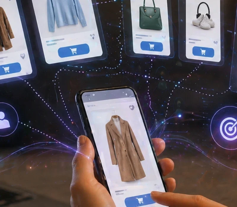 Mobil Cihaz Üzerinden Ürün Inceleyen Bir Kullanıcının Etrafında Dinamik Ürün Kartları, Remarketing Akışları Ve E-Ticaret Analiz Görsellerinin Yer Aldığı Futuristik Facebook Dinamik Ürün Reklamları Sahnesi.