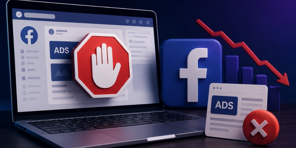 Facebook Kapatılan Reklam Hesabı Problemi Yaşayan Bir Reklam Panelini Analiz Eden Laptop Ekranı, Facebook Reklam Uyarıları Ve Düşen Performans Grafikleri Içeren Dijital Pazarlama Görseli