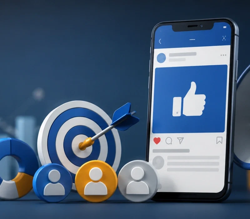 Facebook Reklam Maliyeti Düşürme Için Hedef Kitle, Performans Analizi, Kreatif Optimizasyonu Ve Reklam Stratejisini Temsil Eden Dijital Pazarlama Görseli.