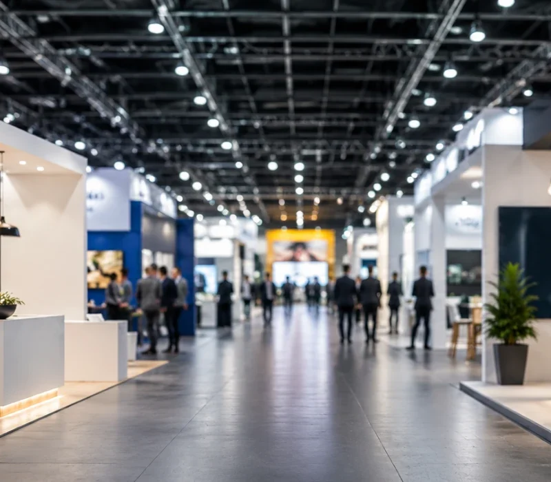 Modern Ve Geniş Bir Fuar Alanında Minimalist Stand Tasarımları, Sıcak Işıklandırmalar, Bitki Dekorları Ve Ziyaretçilerin Dolaştığı Profesyonel Fuar Pazarlama Stratejilerine Uygun Sergi Atmosferini Gösteren Öne Çıkan Görsel.