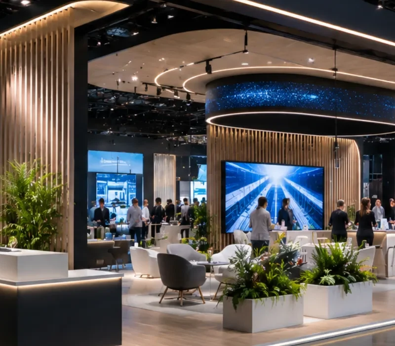 Modern Fuar Stand Tasarımı Örneği, Led Ekranlar, Güçlü Işık Detayları Ve Açık Ziyaretçi Alanlarıyla Hazırlanmış Premium Sergi Standı.