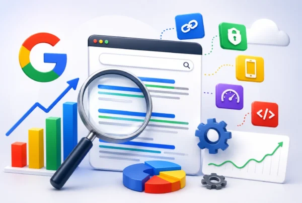 Google Sıralama Faktörlerini Temsil Eden Seo Temalı 3D Illüstrasyon; Arama Sonuç Ekranı, Büyüteç, Grafikler, Teknik Seo Ikonları Ve Performans Analiz Panelleriyle Modern Dijital Pazarlama Konsepti