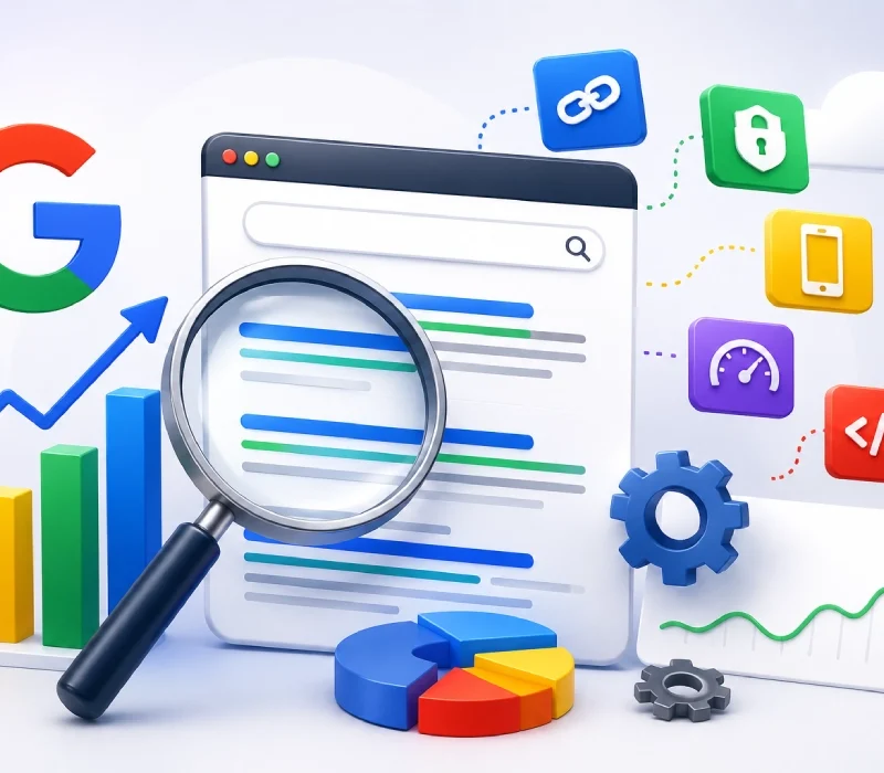 Google Sıralama Faktörlerini Temsil Eden Seo Temalı 3D Illüstrasyon; Arama Sonuç Ekranı, Büyüteç, Grafikler, Teknik Seo Ikonları Ve Performans Analiz Panelleriyle Modern Dijital Pazarlama Konsepti