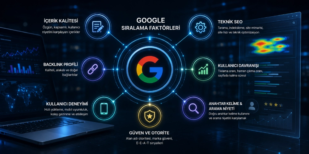 Google Sıralama Faktörlerini Temsil Eden Futuristik Seo Görseli; Içerik Kalitesi, Teknik Seo, Backlink, Kullanıcı Deneyimi Ve Arama Niyeti Gibi Faktörlerin Dijital Bir Arayüz Üzerinde Gösterildiği Modern Analiz Sahnesi.