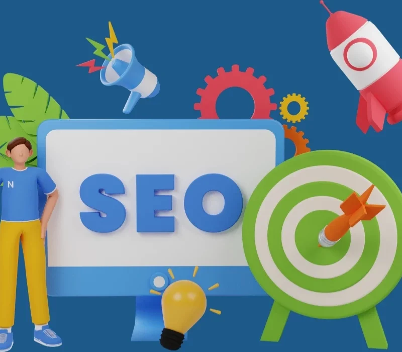 3D Illüstrasyon Tarzında Hazırlanmış Holistik Seo Konsept Görseli; Ekran Üzerinde “Seo” Yazısı, Hedef Tahtası, Roket, Büyüteç Ve Dijital Pazarlama Ikonlarıyla Arama Motoru Optimizasyonunu Temsil Eden Modern Tasarım.