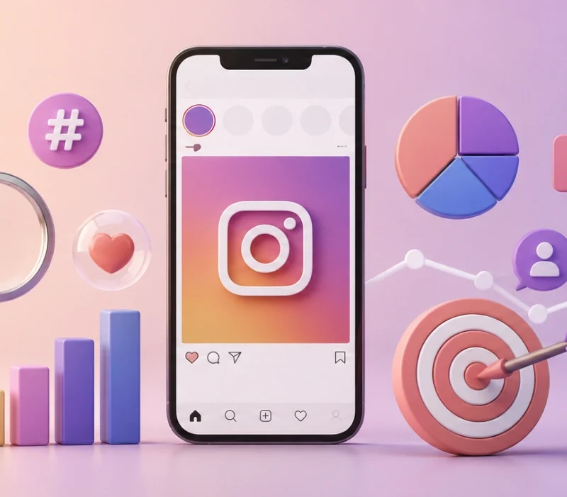 Instagram Seo Optimizasyonunu Temsil Eden Akıllı Telefon, Arama Simgesi, Etkileşim Ikonları, Performans Grafikleri Ve Hedefleme Öğelerinden Oluşan 3D Illüstrasyon.