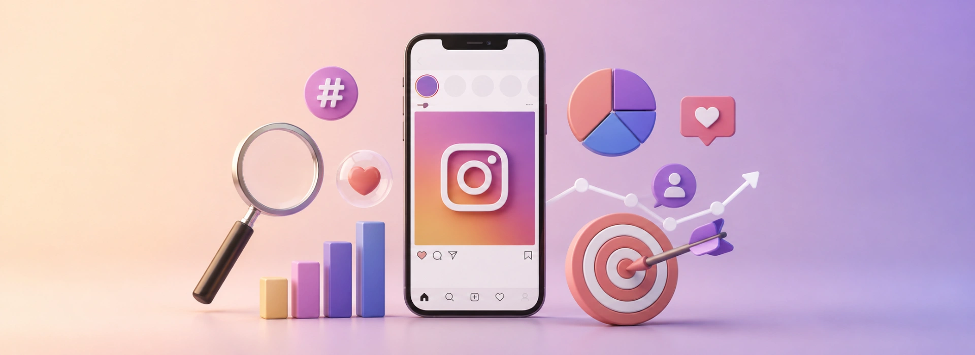 Instagram SEO optimizasyonunu temsil eden akıllı telefon, arama simgesi, etkileşim ikonları, performans grafikleri ve hedefleme öğelerinden oluşan 3D illüstrasyon.
