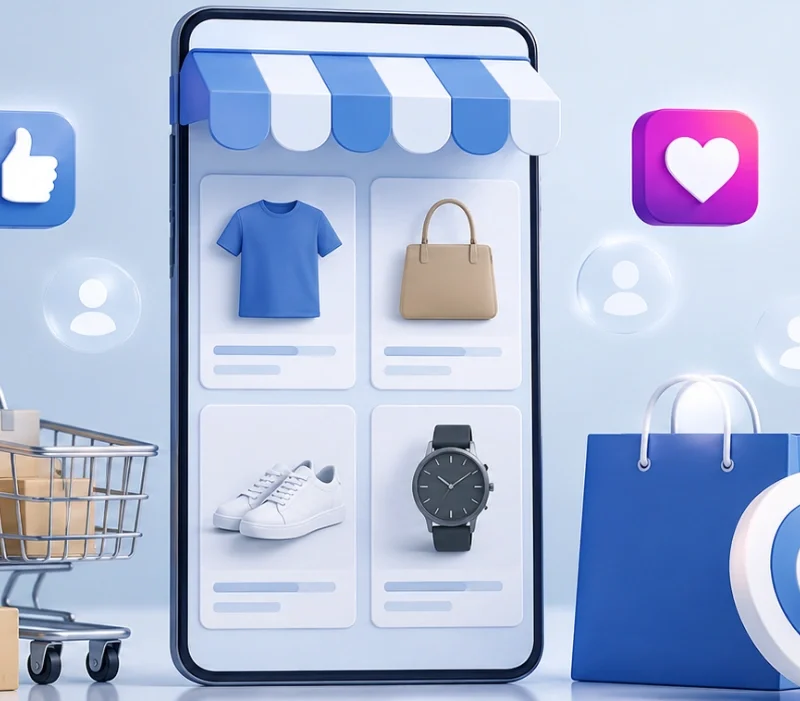 Meta Katalog Reklamları Ile E-Ticaret Ürünlerinin Facebook Ve Instagram’da Dinamik Olarak Gösterilmesini Temsil Eden Ürün Kataloğu, Alışveriş Sepeti Ve Hedefleme Konsepti.