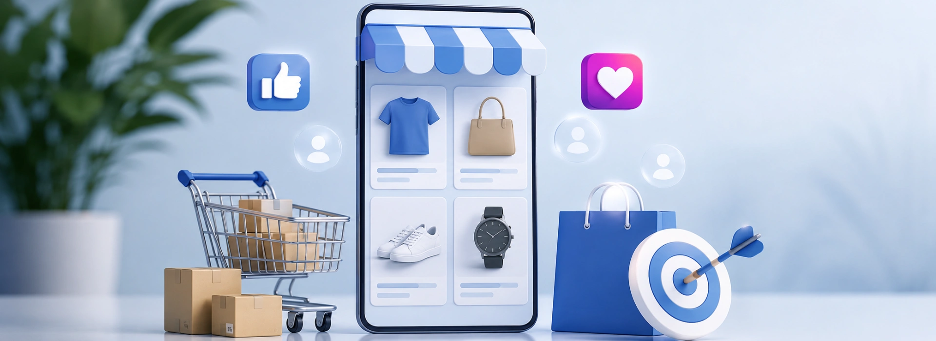 Meta katalog reklamları ile e-ticaret ürünlerinin Facebook ve Instagram’da dinamik olarak gösterilmesini temsil eden ürün kataloğu, alışveriş sepeti ve hedefleme konsepti.