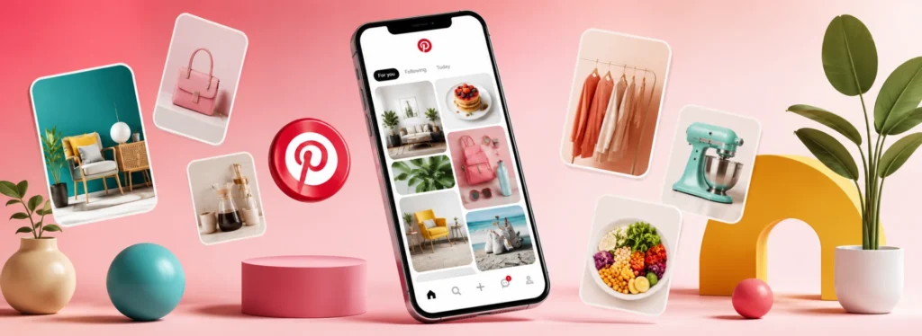 Pinterest Reklamlarını Ve Farklı Ürün Kategorilerine Ait Görsel Pin Içeriklerini Gösteren Mobil Cihaz Illüstrasyonu