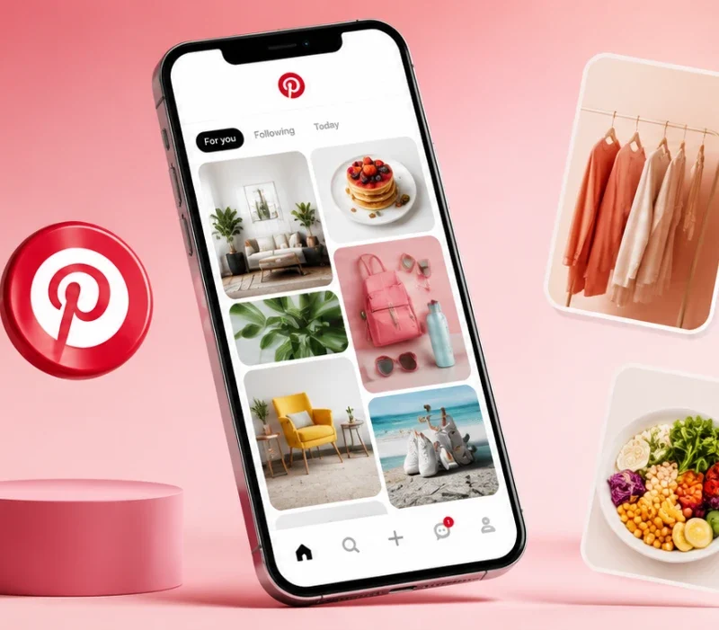 Pinterest Reklamlarını Ve Farklı Ürün Kategorilerine Ait Görsel Pin Içeriklerini Gösteren Mobil Cihaz Illüstrasyonu