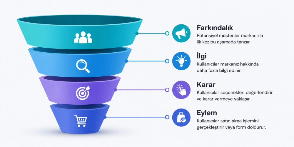 Satış Hunisi Aşamalarını G&ouml;steren Modern Infografik Tasarım; Farkındalık, Ilgi, Karar Ve Eylem Adımlarını Renkli Katmanlı Funnel Yapısıyla G&ouml;rselleştiriyor