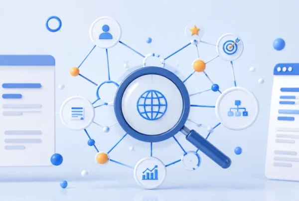 Semantik Seo, Kullanıcı Davranışı Analizi Ve Içerik Ilişkilerini Temsil Eden Modern 3D Dijital Illüstrasyon; Büyüteç, Bağlantılı Veri Ağları, Analitik Paneller Ve Semantik Içerik Yapısını Simgeleyen Minimalist Arayüz Öğeleri.