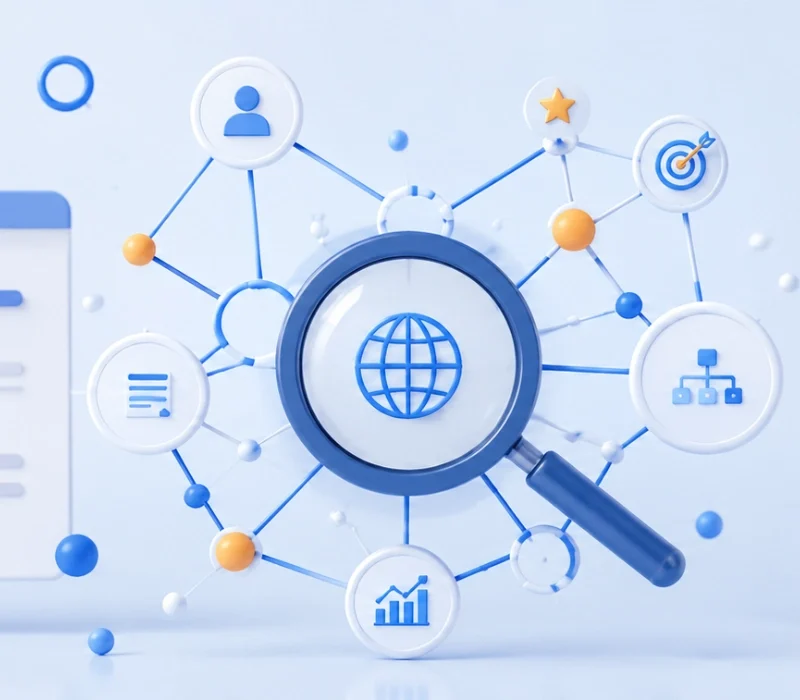 Semantik Seo, Kullanıcı Davranışı Analizi Ve Içerik Ilişkilerini Temsil Eden Modern 3D Dijital Illüstrasyon; Büyüteç, Bağlantılı Veri Ağları, Analitik Paneller Ve Semantik Içerik Yapısını Simgeleyen Minimalist Arayüz Öğeleri.
