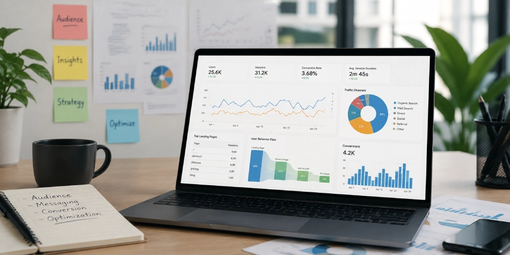 &Uuml;r&uuml;n Lansmanı Performansını Analiz Etmek I&ccedil;in Kullanılan Dijital Pazarlama Dashboardu, Kullanıcı Davranışı Verileri Ve D&ouml;n&uuml;ş&uuml;m Metrikleriyle Modern &Ccedil;alışma Ortamı.