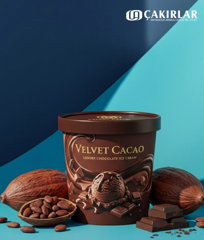 Mavi Arka Plan Önünde Kakao Çekirdekleri Ve Çikolata Parçalarıyla Sunulan Velvet Cacao Dondurma Ambalajı Tasarımı
