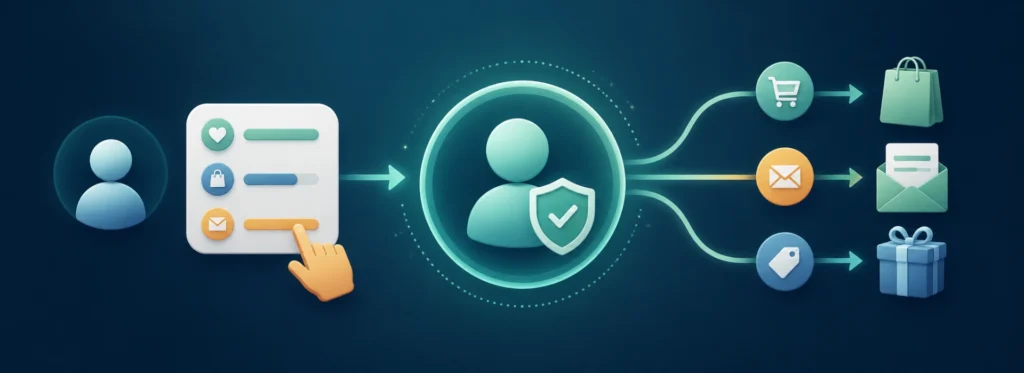Zero-Party Data Ile Kullanıcı Tercihlerinin Ürün Önerileri, E-Posta Iletişimi Ve Kişiselleştirilmiş Kampanyalara Dönüştürülmesini Gösteren Görsel.